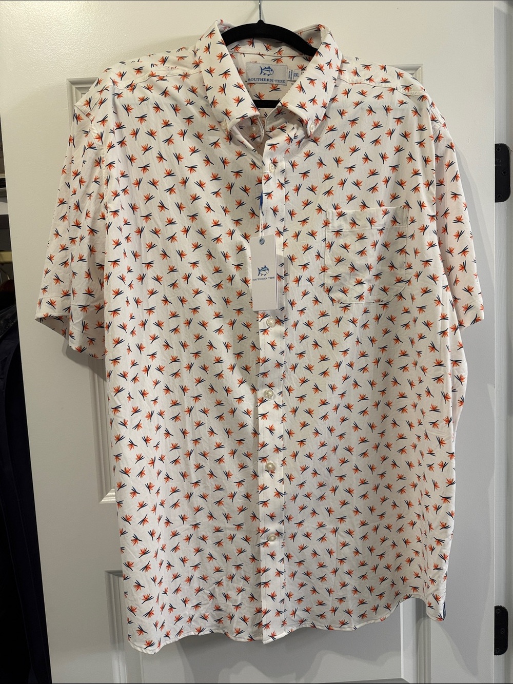 NWT Southern Tide White Short-Sleeve Button-Down with Orange and Navy Palm Print
